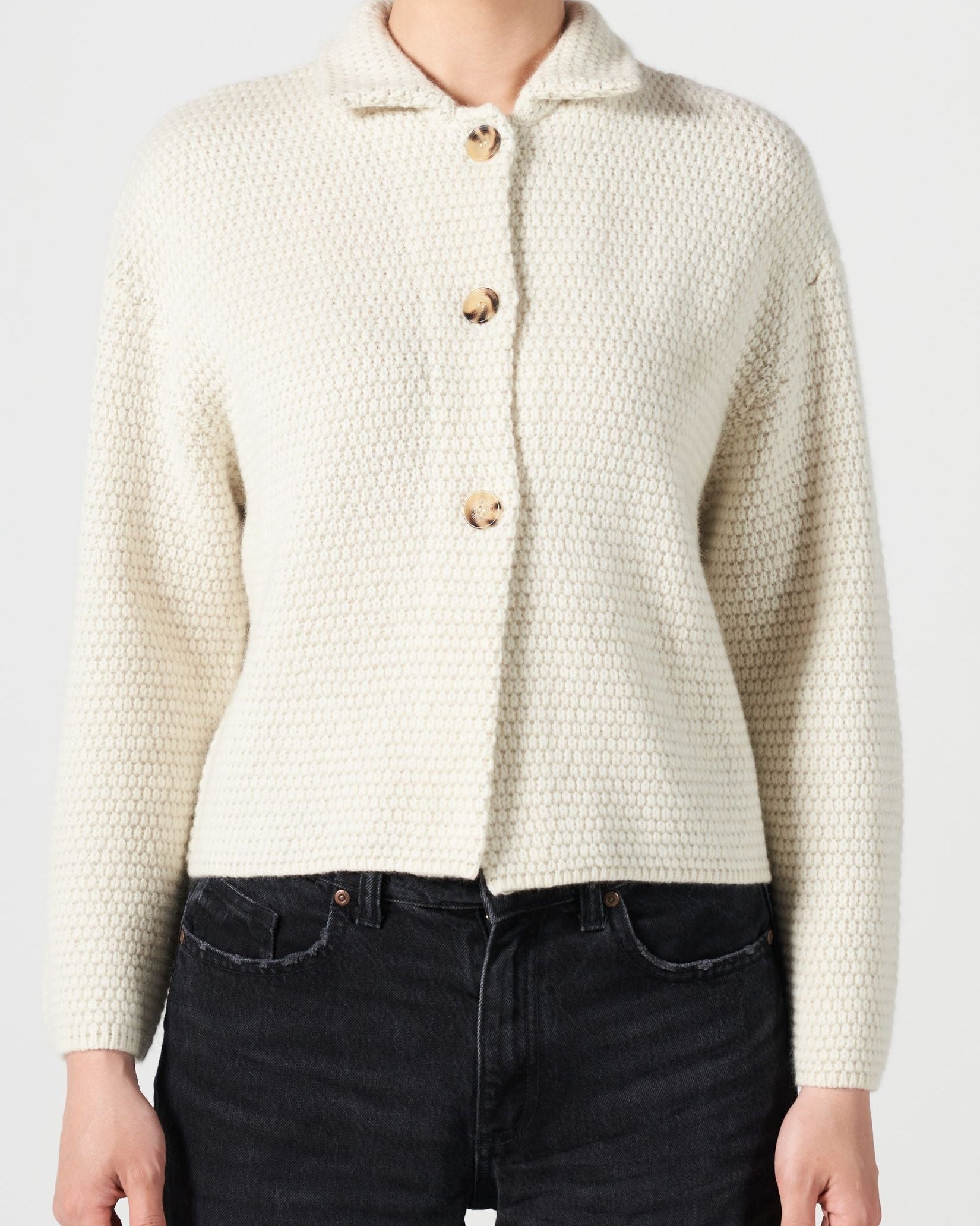 Moss Stitch Cashmere Polo Cardigan