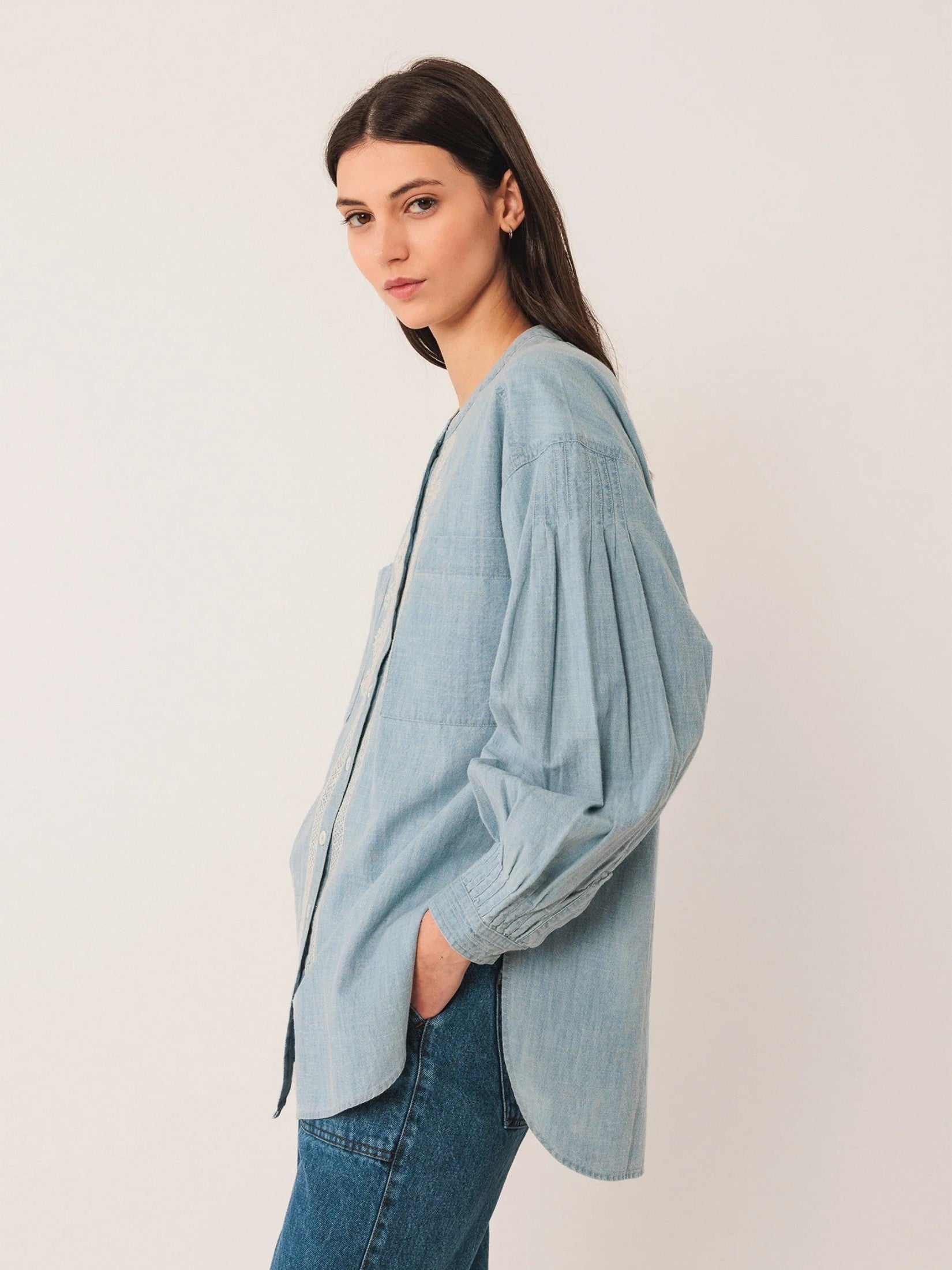 Collarless Denim Shirt
